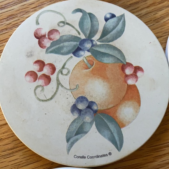 Corelle (Abundance) coasters in wood holder w/Gemco matching glass sugar bowl - Picture 13 of 16